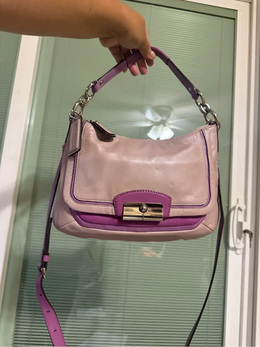 Coach Pink Leather Shoulder Bag with Purple Trim